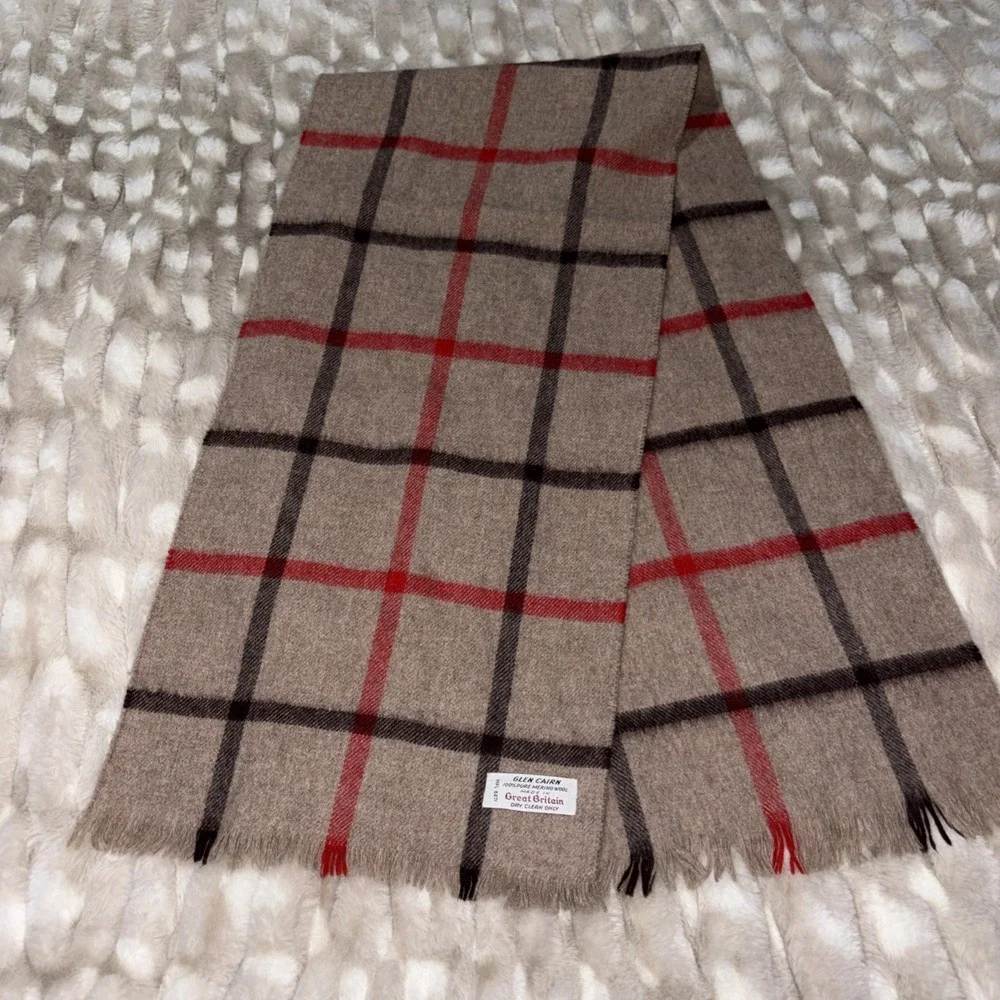 Vintage Glen Cairn Scarf 100% pure merino wool Made In Great Britain Brown Plaid